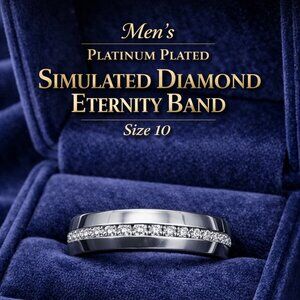 Men’s Platinum Plated Ring | Simulated Diamond Eternity Band | Size 10 Modern